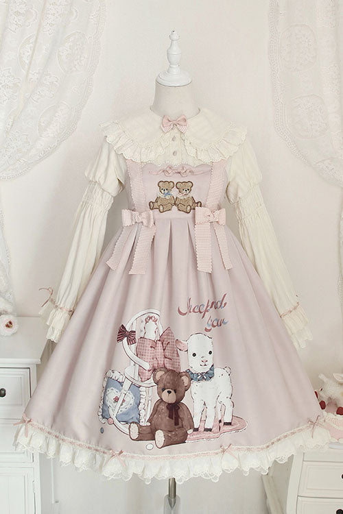 Pink Sheep & Bear Print Alice Girl Bow Ruffled Sweet Lolita JSK Dress - Altfashion Shop