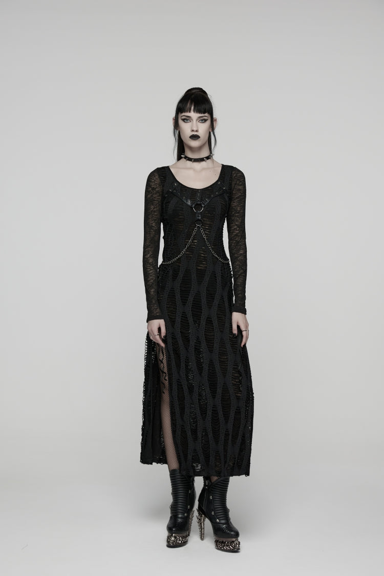 Dark Crewneck Long-Sleeve Cutout Lace-Up Slim Chain-Decorated Eyelet Punk Dress for Women