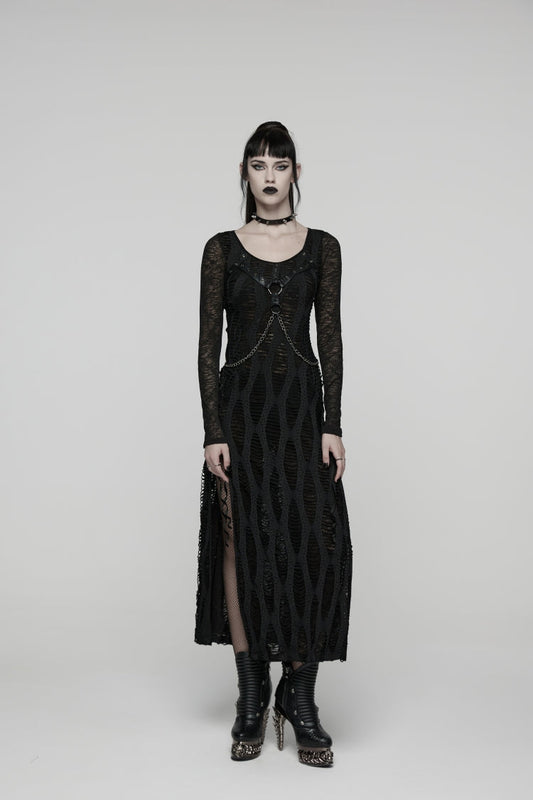Dark Crewneck Long-Sleeve Cutout Lace-Up Slim Chain-Decorated Eyelet Punk Dress for Women