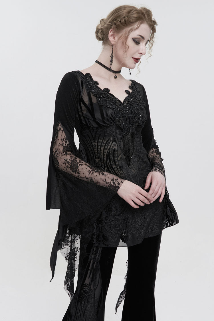 Beaded Lace Floral Gothic Tee with Flared Cuffs