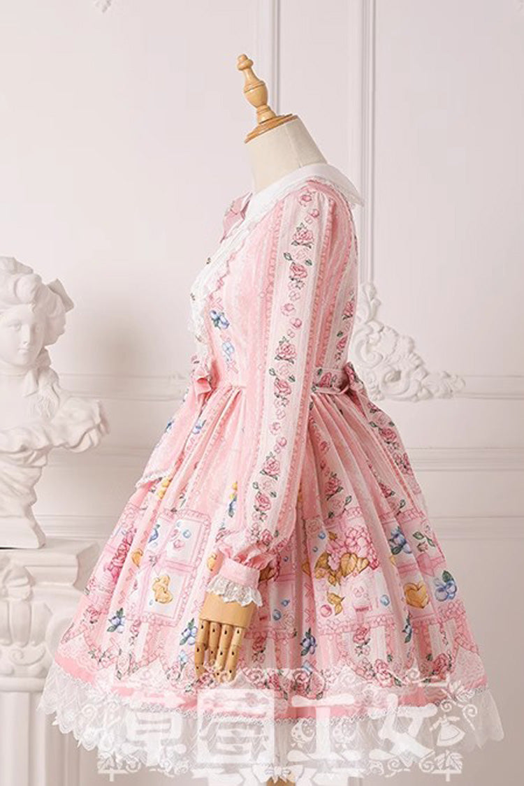 Blueberry Print Long Sleeves Ribbon Girly Princess Lolita Dress - 4 Shades