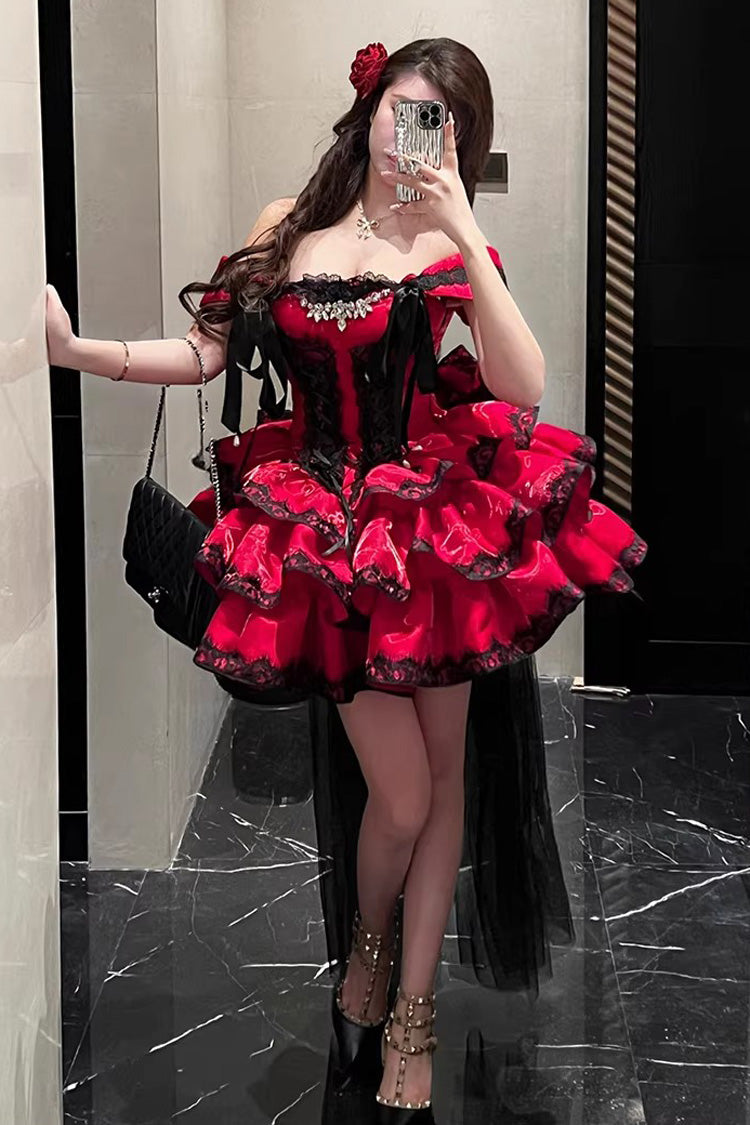 Sweet Lolita JSK Dress with Ruffled Lace and Lace-Up Back - Red