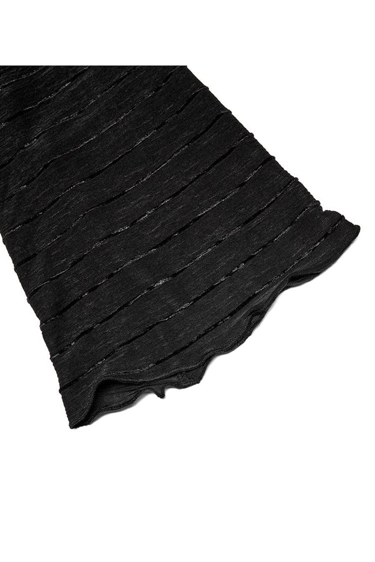 Gothic Velvet Tee with Striped Flared Sleeves, Asymmetric Hem