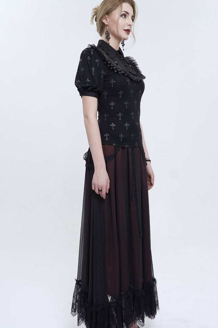 Punk Shirt with Cross Print Lace Collar Strap Pendant Chest Panel
