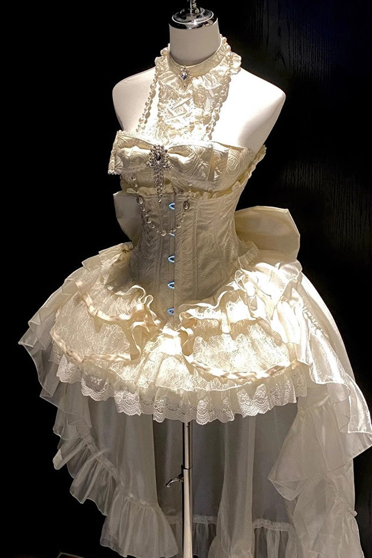 Ivory Halter Ruffled Bow Lace Princess Lolita Gown