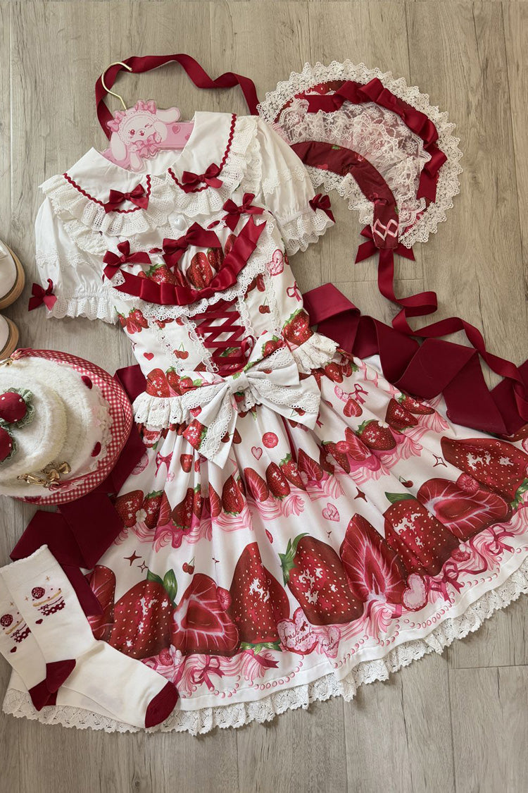 Strawberry Print Ruffled Bow Lace Sweet Lolita JSK
