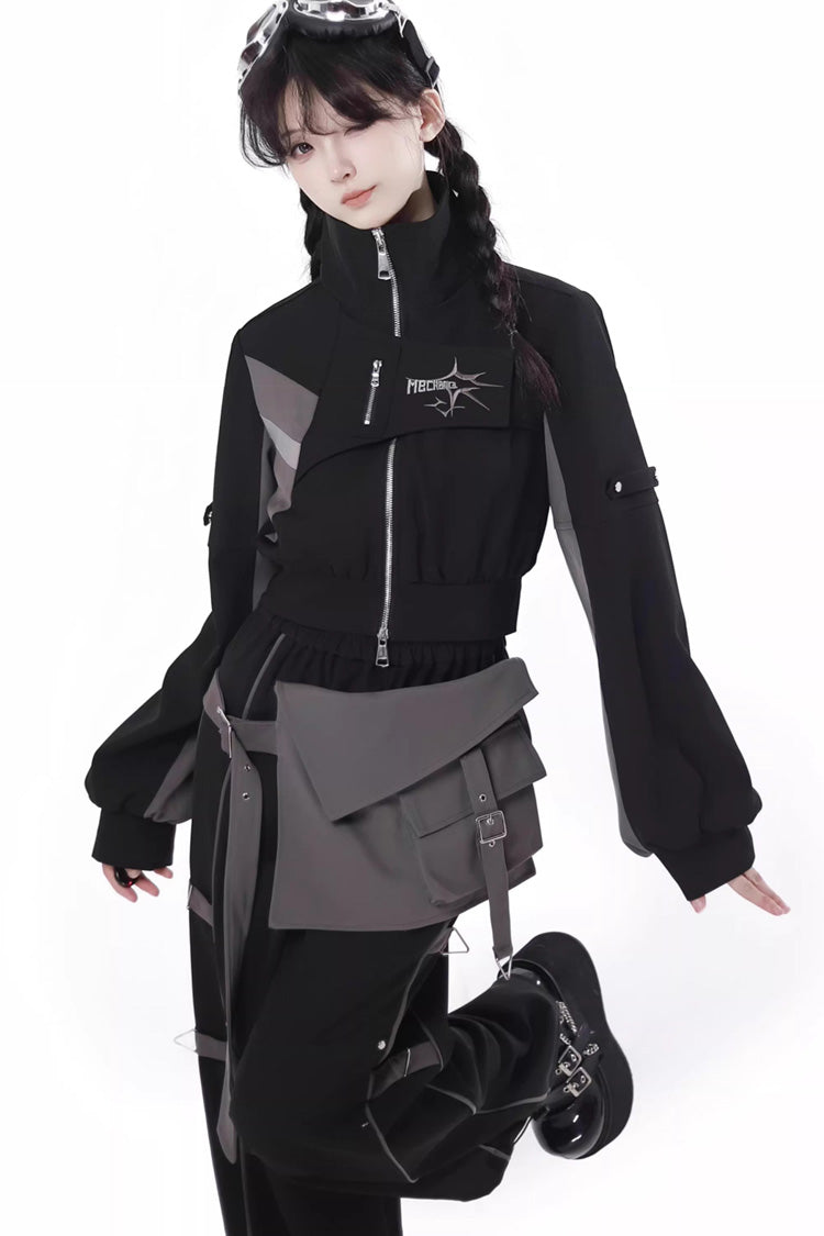 Holographic Techwear Spliced Zippered Gothic Pants Coat Set