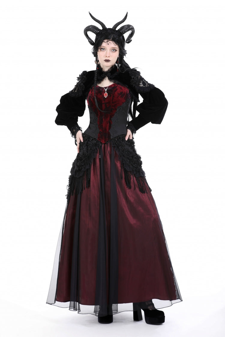 Jet-Black Gothic Cape with Velvet Panels and Lantern Sleeves
