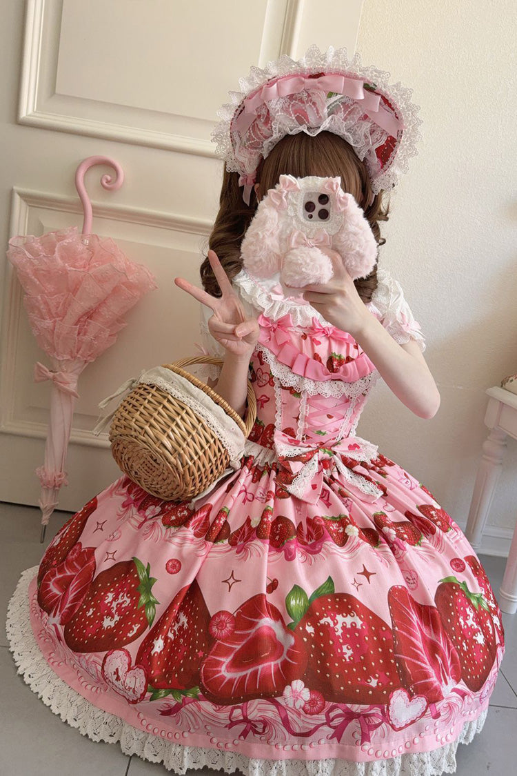 Strawberry Print Ruffled Bow Lace Sweet Lolita JSK