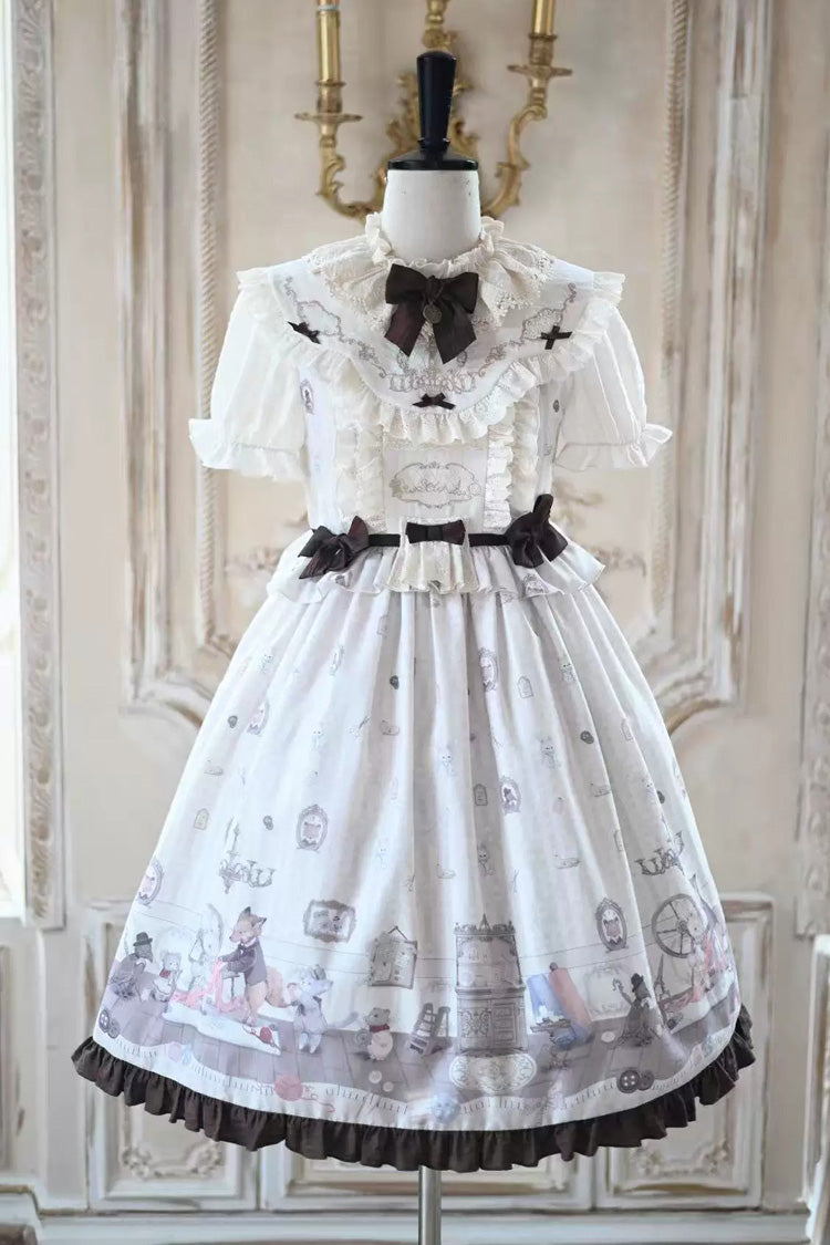 Cream Forest Tailor Shop Stand Collar Short Sleeve Printed Bow Frilled Sweet Lolita Dress