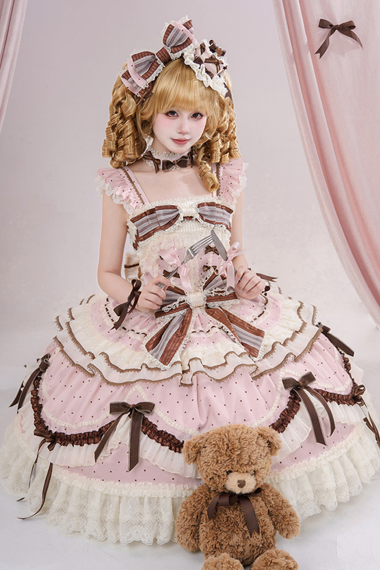 Sleeveless Print Ruffle Bow Lace-Up Sweet Elegant Lolita Jumper Dress - Pink