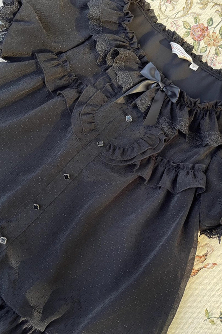Elegant Round-Collar Ruffle Short-Sleeve Chiffon Blouse in Two Tones