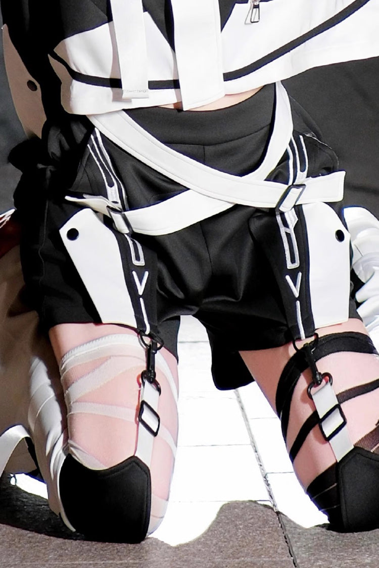 Black/White Zero-Type Transformation Techwear Long Sleeves Embroidered Hooded Punk Jirai Kei Shorts Coat Set