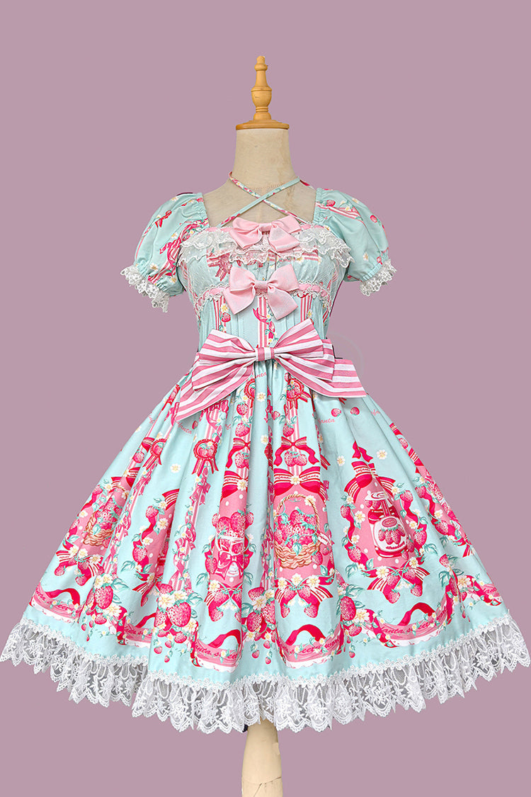 Printed Bowknot Lace Sweet Dress with Short Sleeves - Strawberry Chef