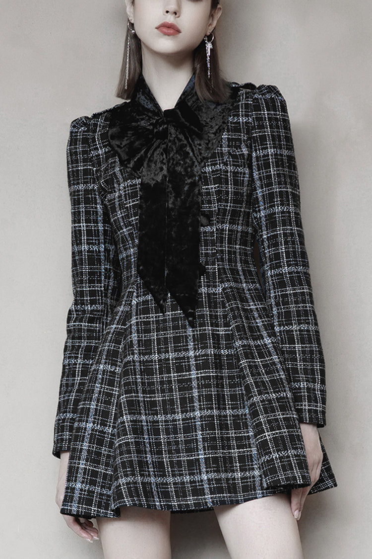 Checked Wool Velvet Bow Detail V-Neck Tie Punk Dress