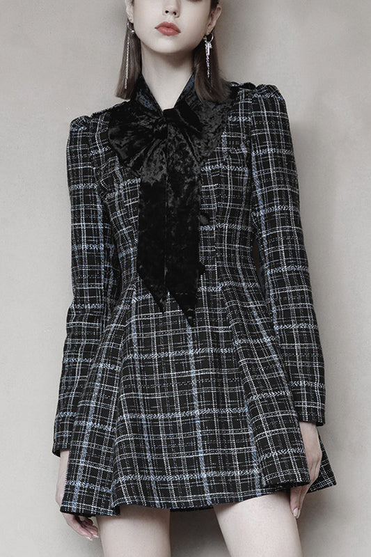 Checked Wool Velvet Bow Detail V-Neck Tie Punk Dress