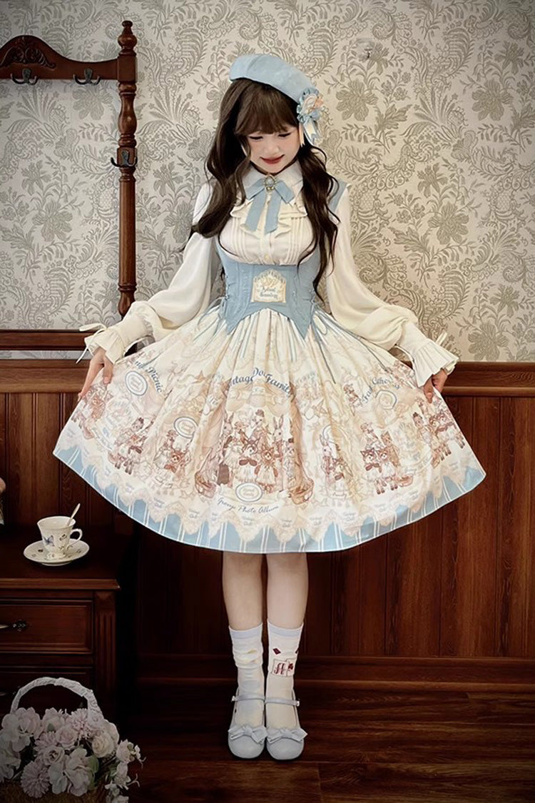 Dollhouse Print Short JSK Dress with Embroidery and Ruffles