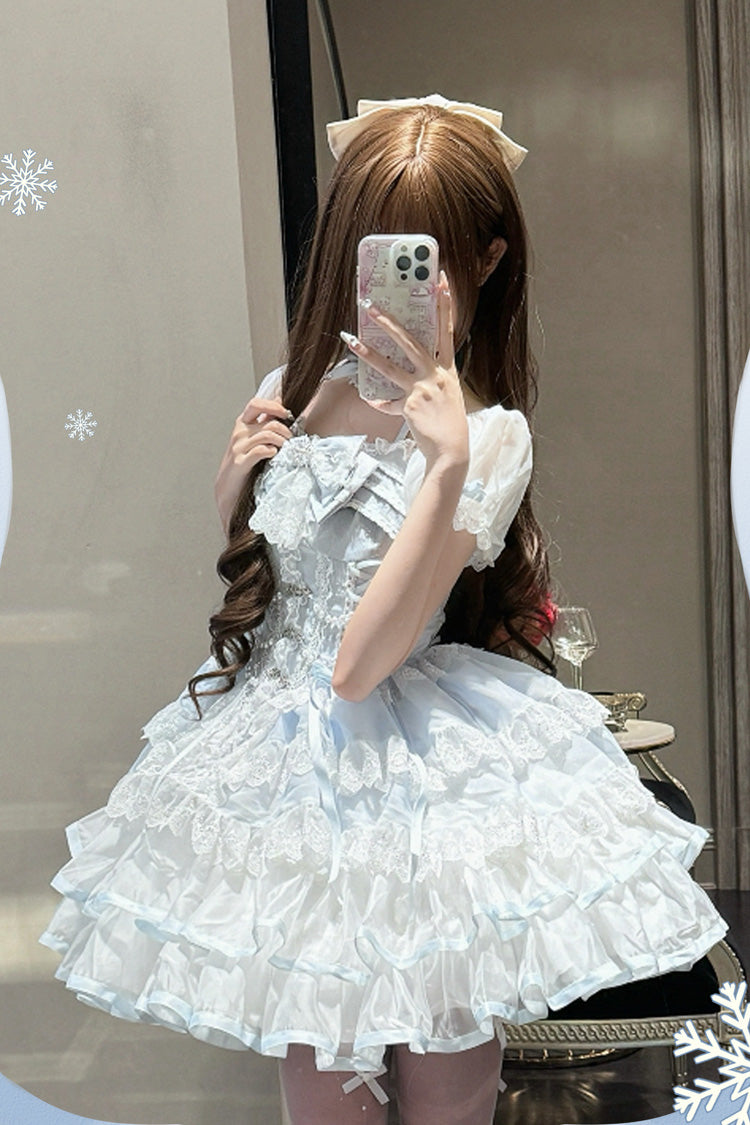 Ice Dance White Blue Short Sleeves Multi-Layered Ruffle Embroidery Bowknot Lace Sweet Dress