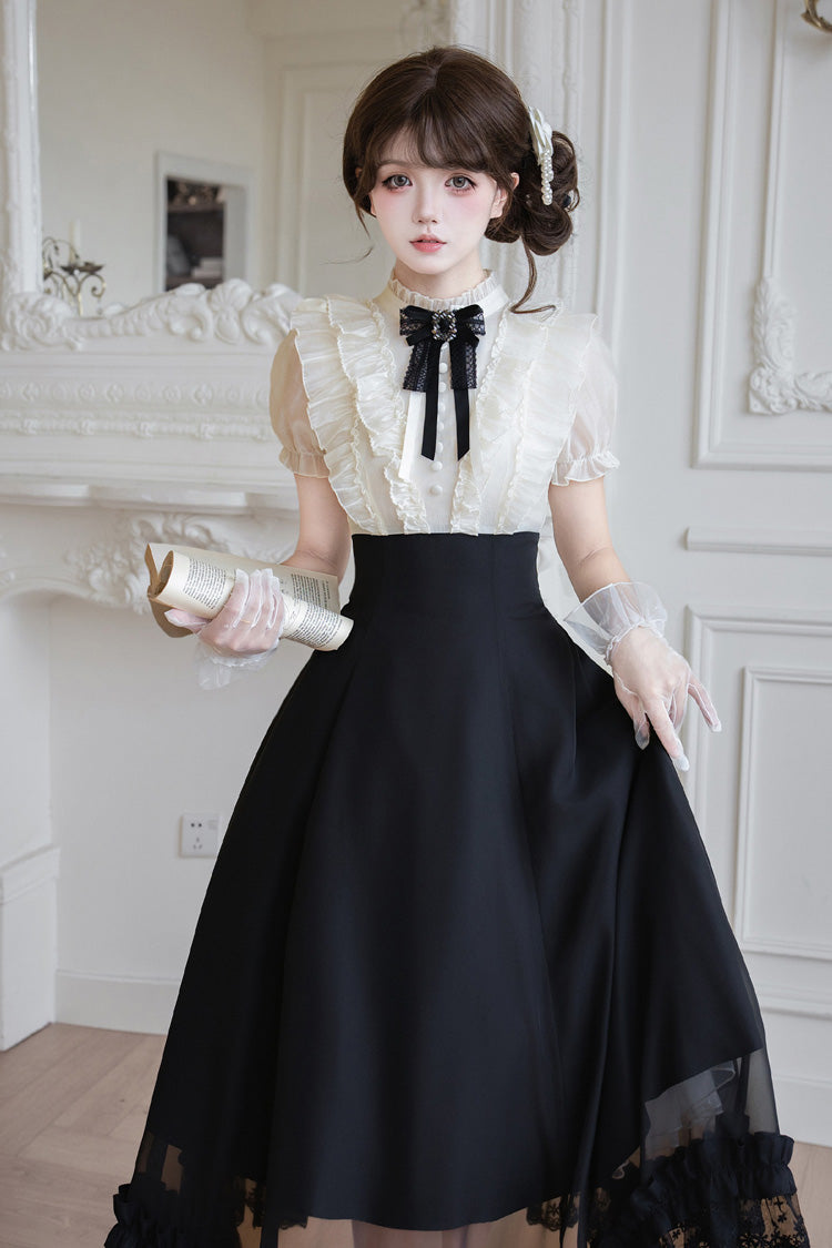 Miss Lola Snow Kiss Stand Collar Short Puff Sleeves Ruffled Color-Blocked Faux Two-Piece Sweet Lolita Long Dress 3 Colors - Black
