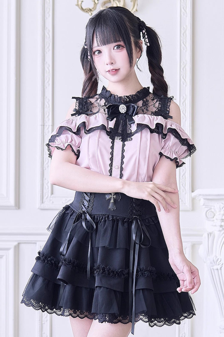 Hollow Bowknot Off-Shoulder Blouse - Jirai Kei Style