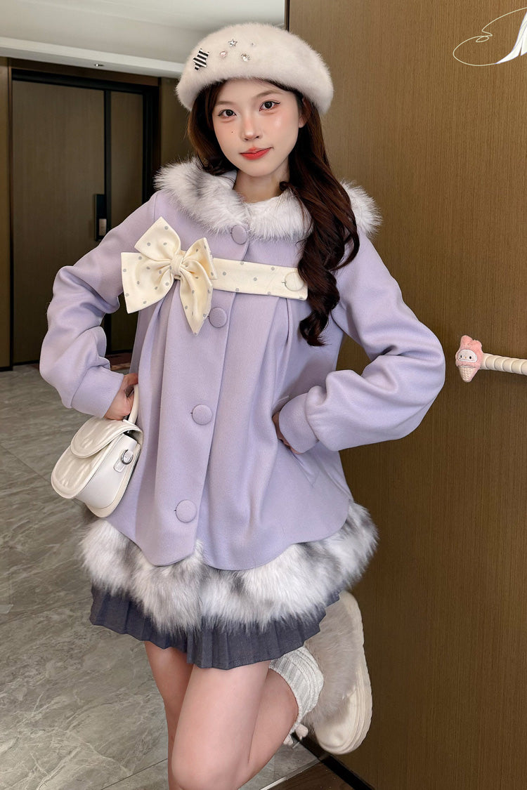 Amethyst Long-Sleeve Fur-Trim Polka-Dot Hooded Coat