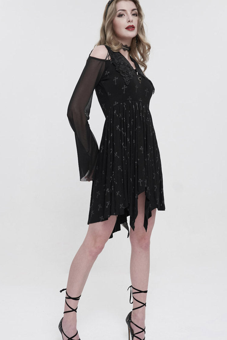 Cross Print Embroidered Beaded Neckline Mesh Flared Gothic Dress