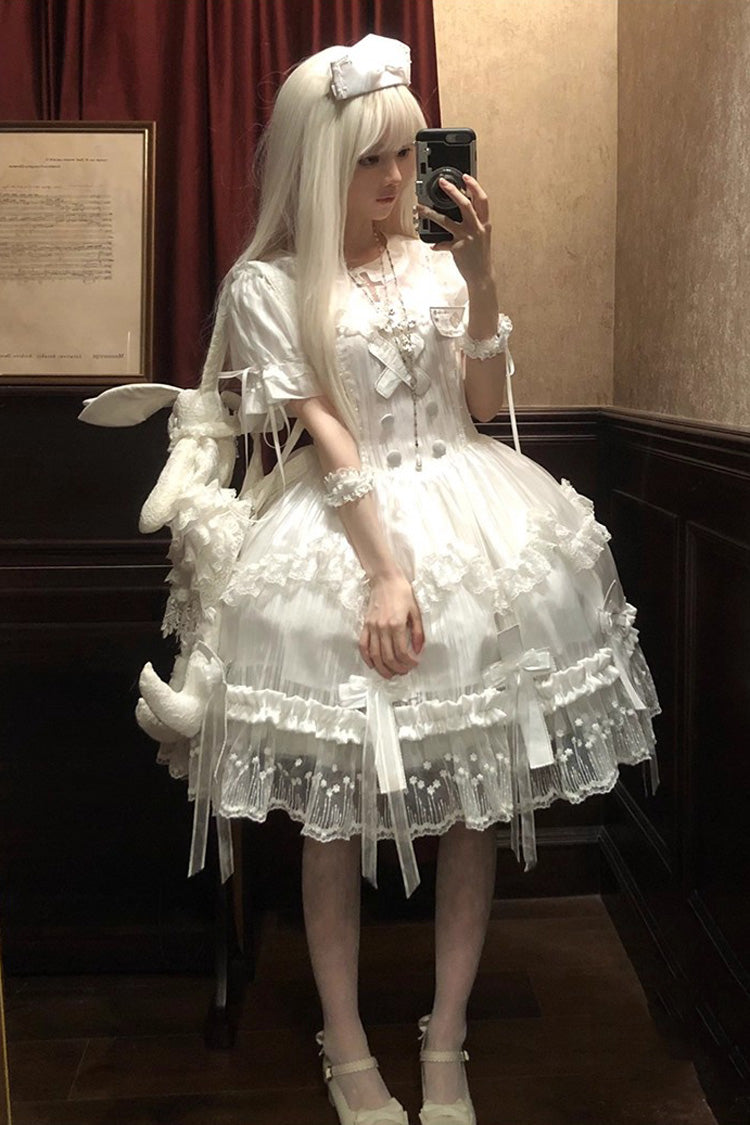White Short-Sleeved Ruffled Bow Lace Gothic Elegant Lolita Dress