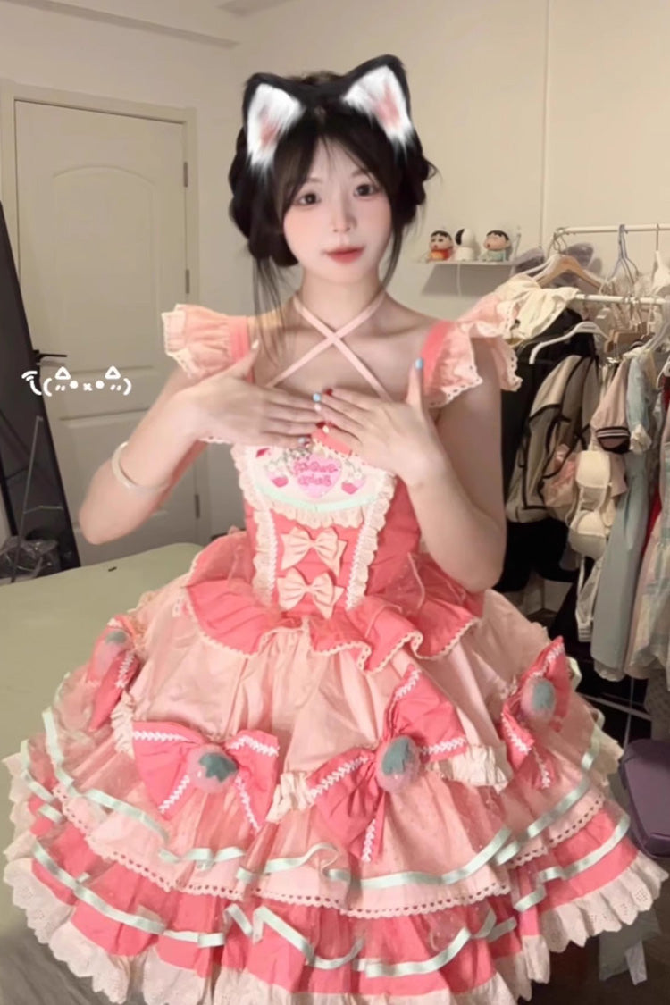 Pink Tiered Sweet Lolita Dress with Print and Multi-Layered Ruffle Bowknot