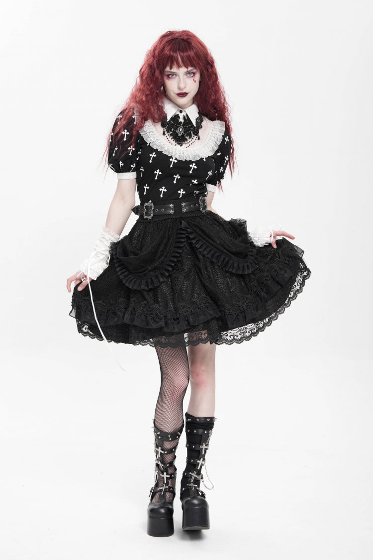 Gothic Skirt with Ruffle and Buckle Straps, Black