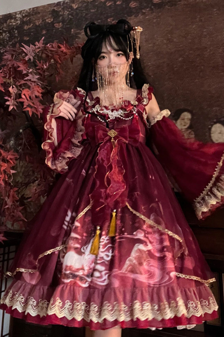 Classic Chinese Princess JSK Dress with Fox Print and Ruffled Bow - Nine-tailed Fox, 2 Tones