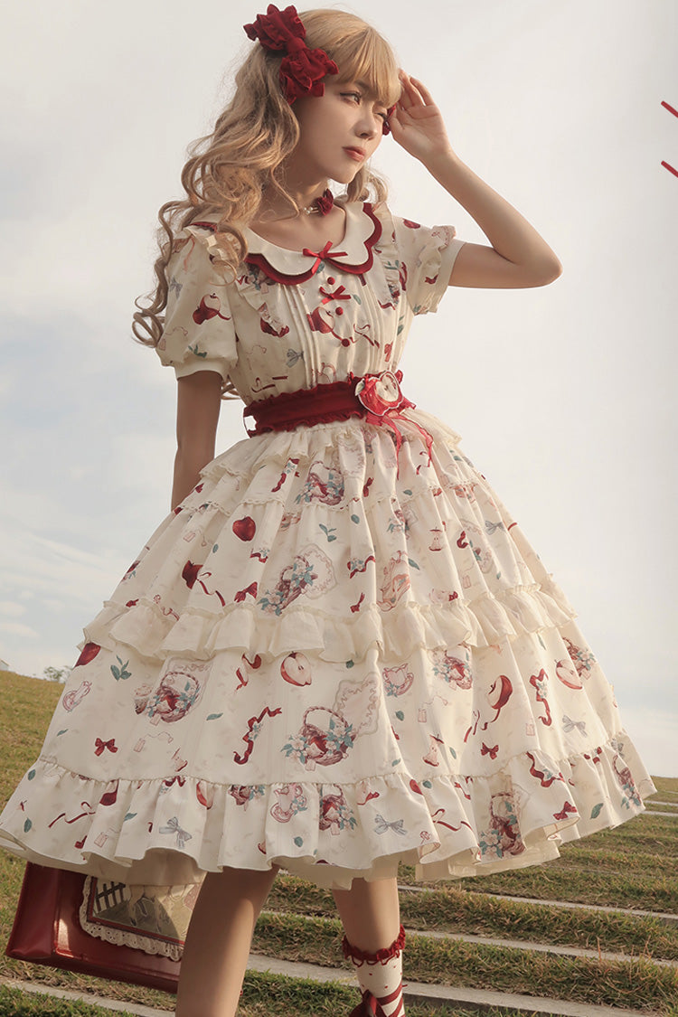 White Apple Tea Printed Country Style Sweet Lolita Dress - Short Sleeved Ruffled