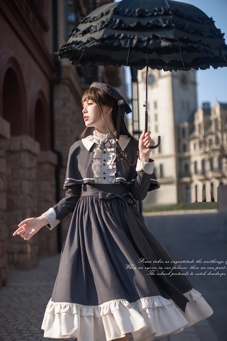 Striped Ruffle Bowknot Long Sleeve College Style Lolita Dress Dark Blue