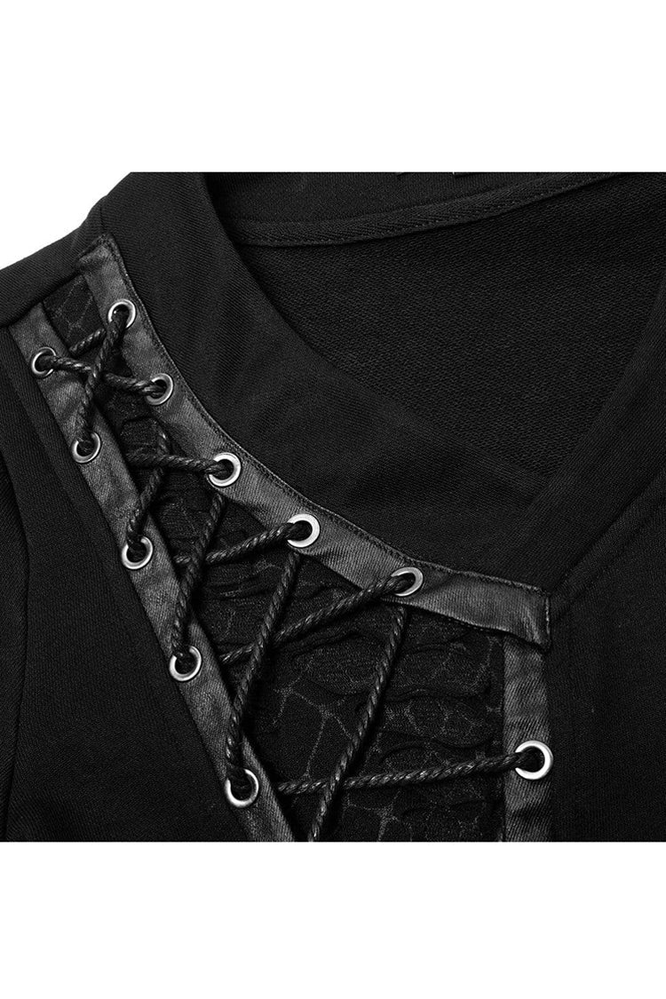 Jet-Black Knit Tee with Faux Leather Lacing and Split Front for Men