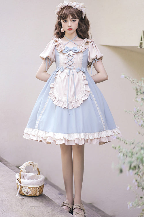 Sweet Lolita OP Dress - Puff Sleeve, Bowknot, High Waist