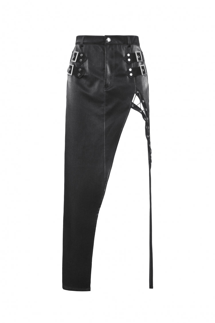 Coal Leather Skirt with Buckle Accents and Side Slit