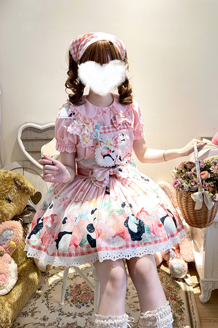 Panda Peach Printed Bow Sweet Lolita Strap Dress