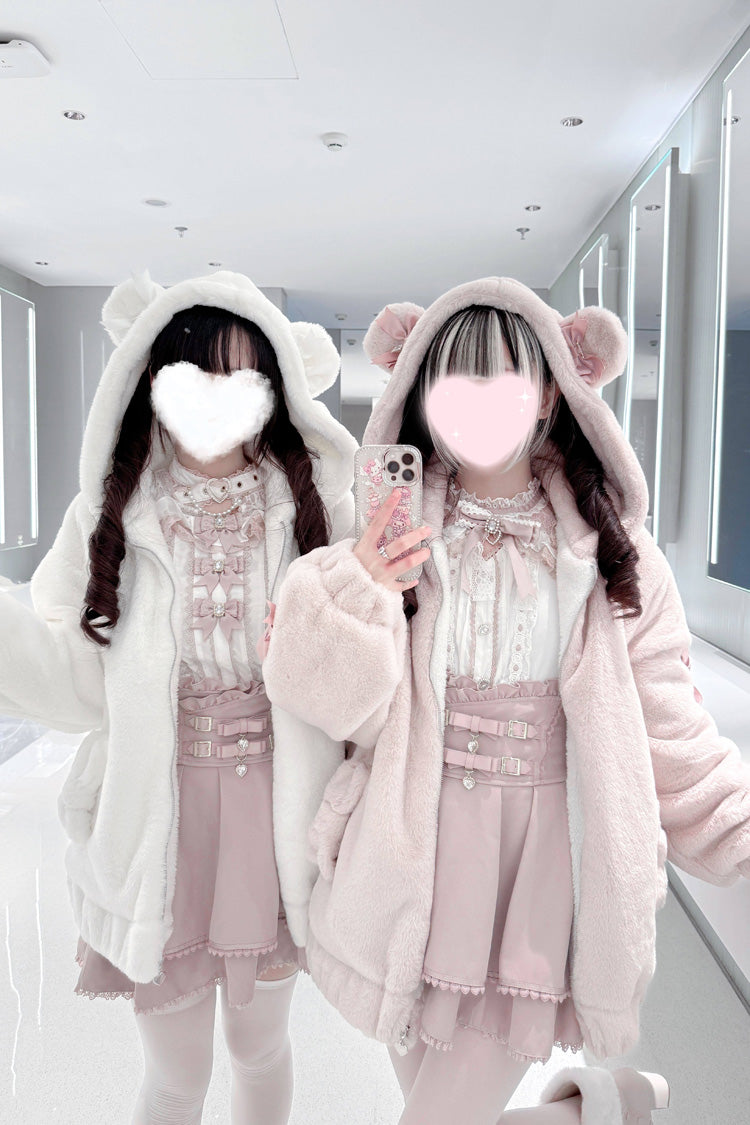 Sleepy Bear Fluffy Japanese Jirai Kei Coat with Bow and Lace-Up