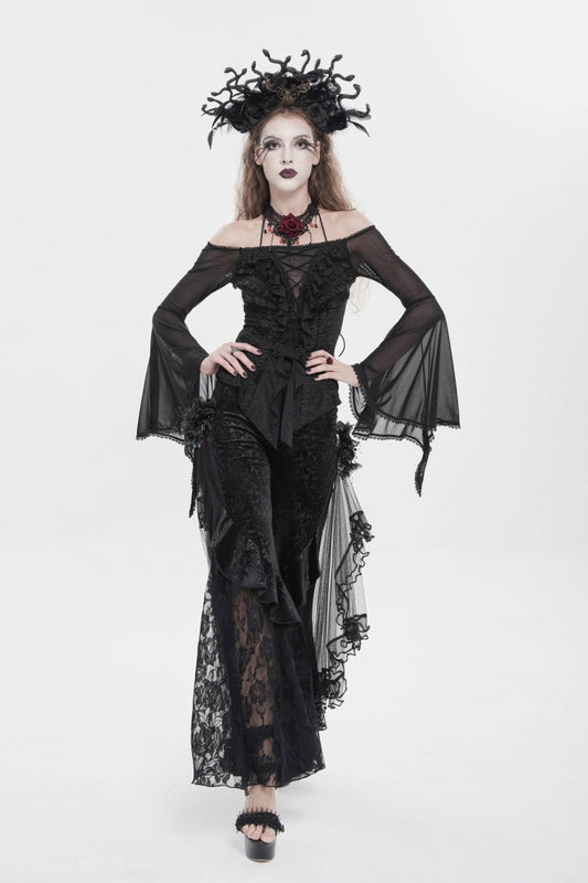 Women's Gothic Pants with Floral Mesh & Embroidered Lace Print, Black
