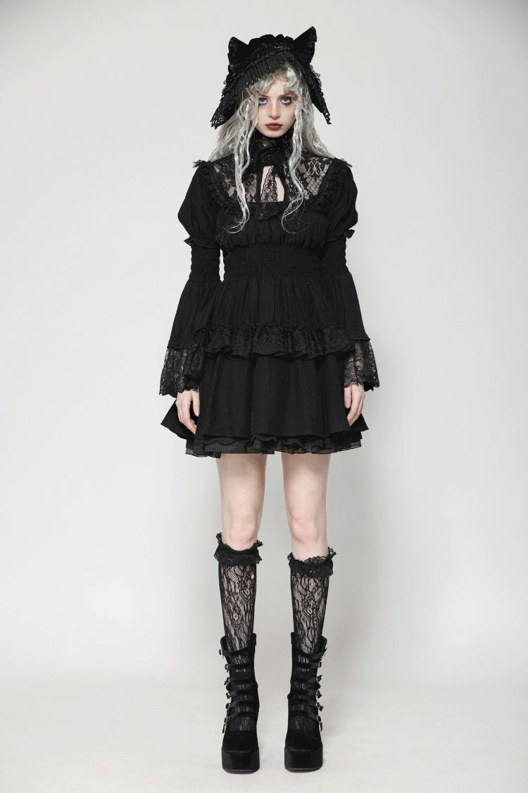 Gothic Victorian-Inspired Black Lace Ruffled High-Neck Puff-Sleeve Cutout Maxi Gown