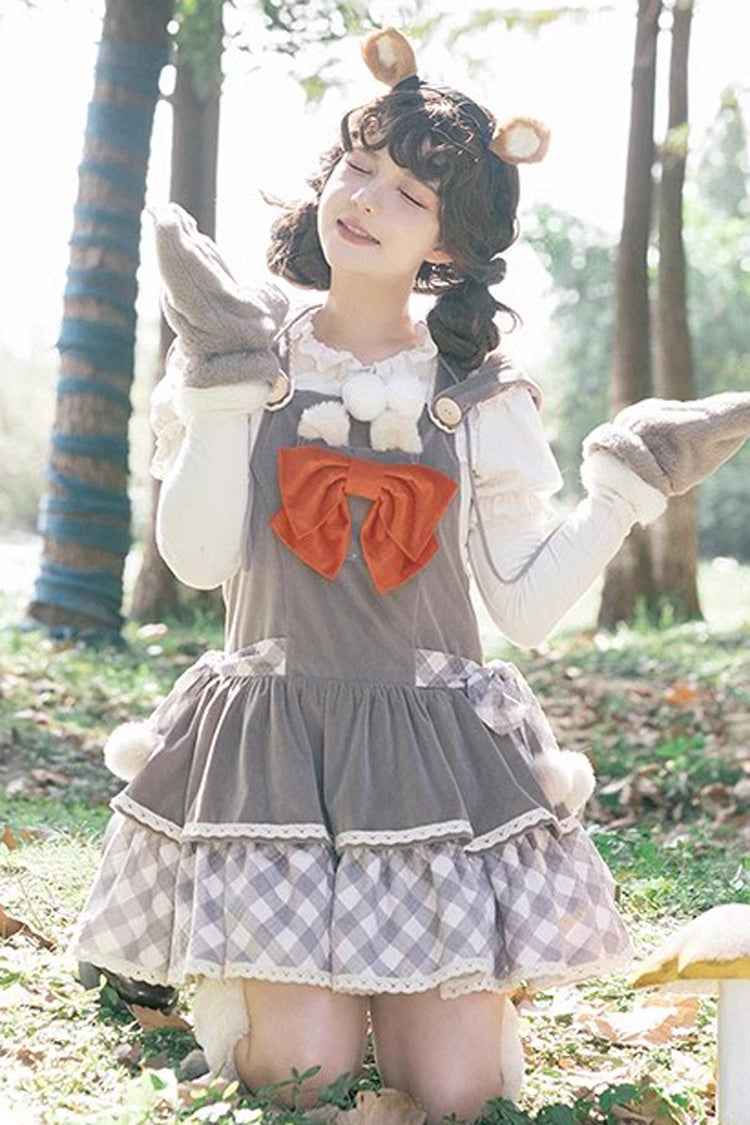 Grey Cute Grizzly Bear Plaid Bowknot Sweet Lolita Jsk Dress