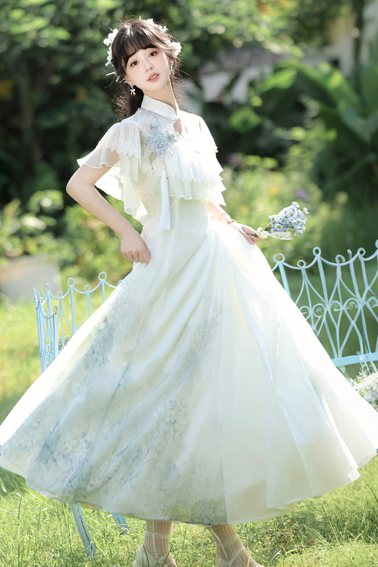 Ivory Print Ruffle Lace Chinese Elegant Dress