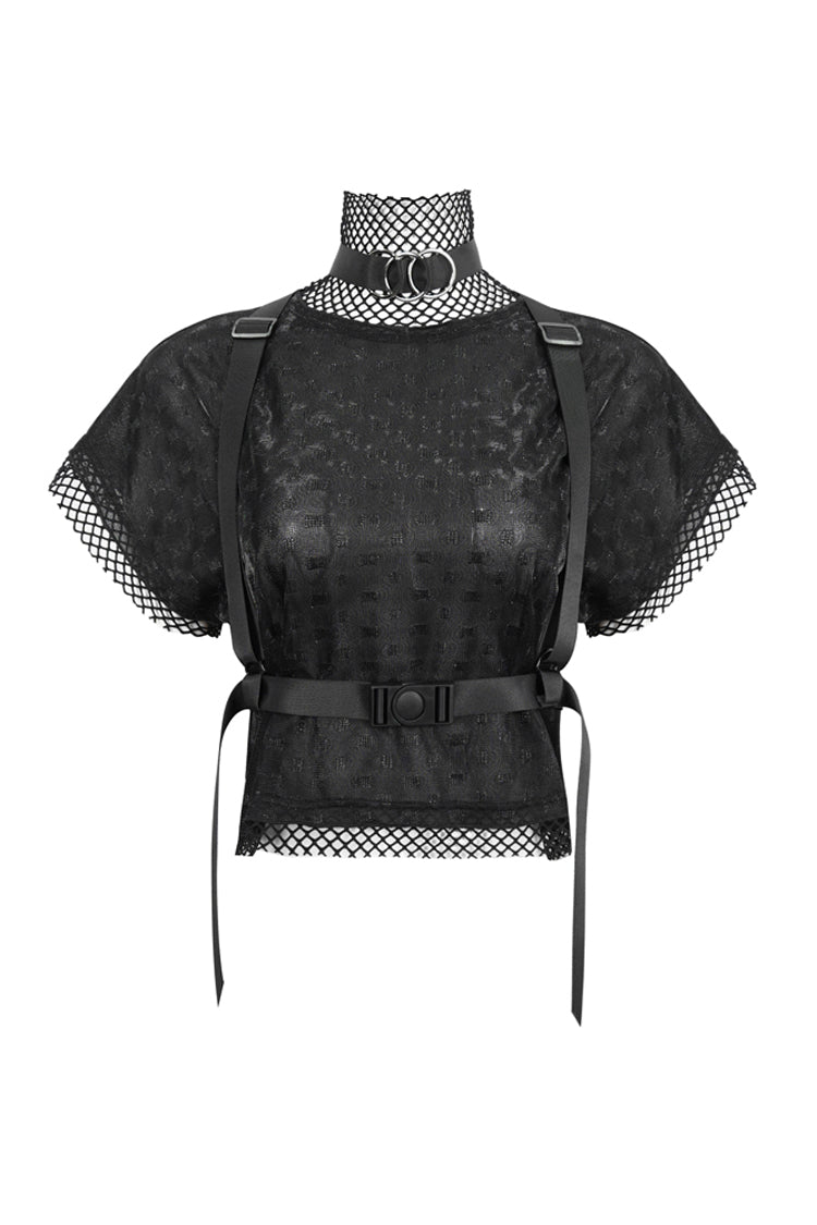 Punk Mesh Tee with Diamond Pattern and High Collar
