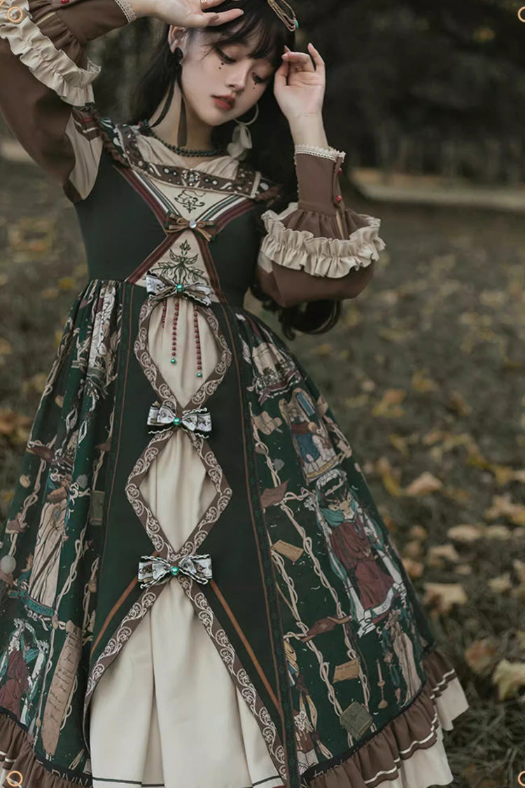 Tarot Print Puff-Sleeved Lolita Dress with Ruffles & Bow