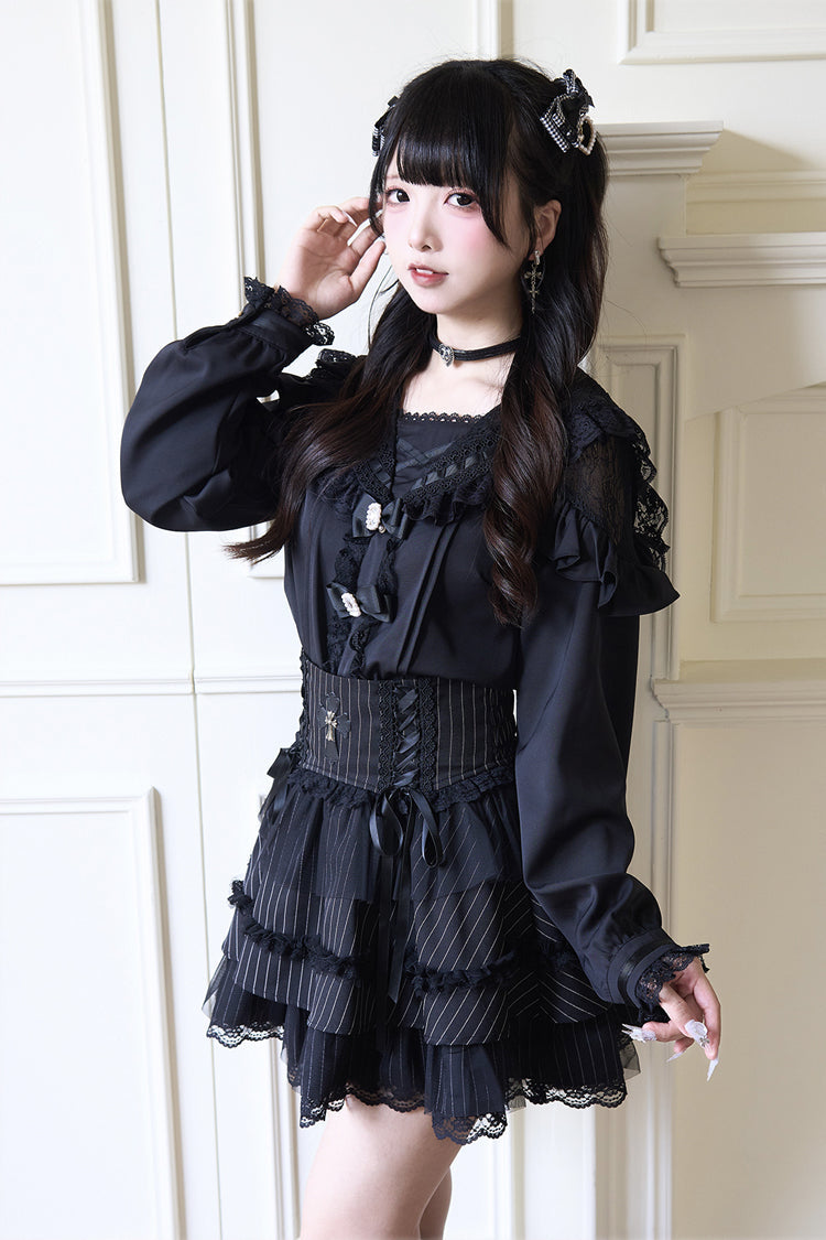 Navy Collar Bowknot Lace Long Sleeve Jirai Blouse in Three Colors