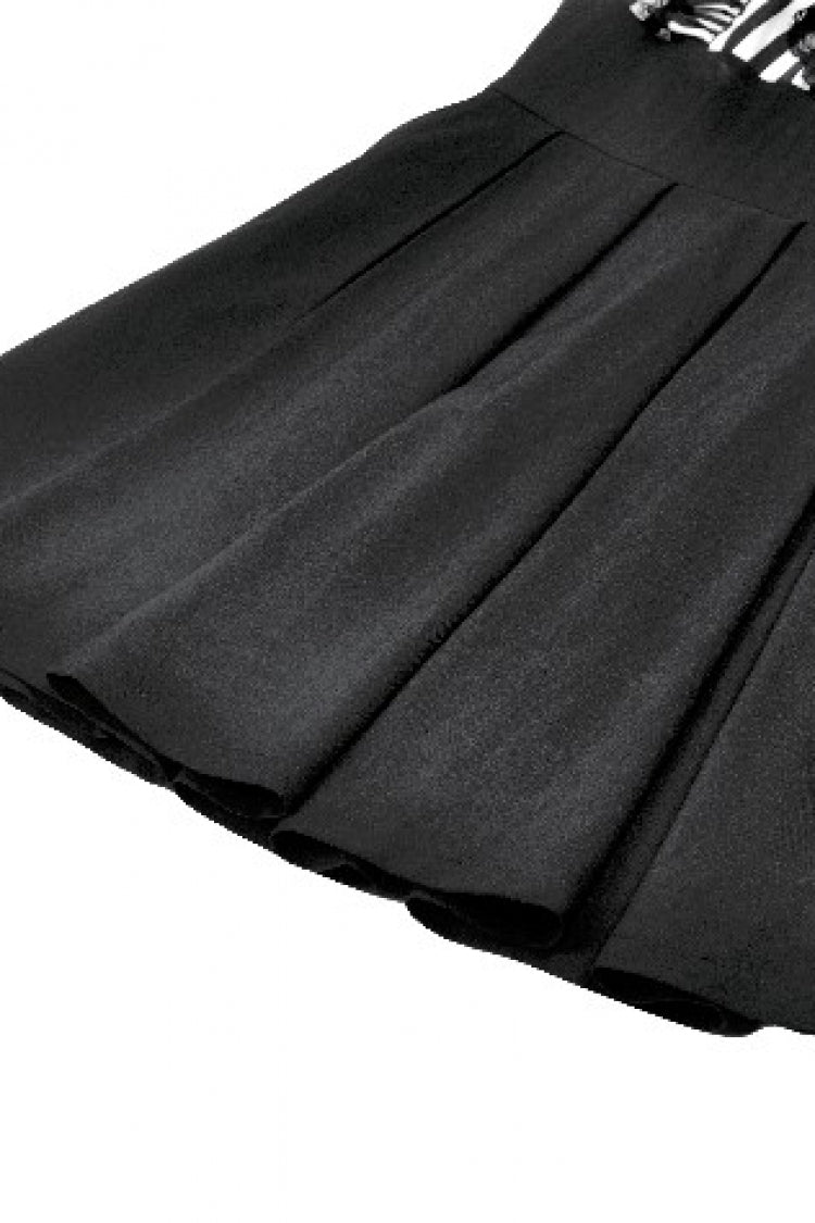 Striped Lapel Collar Long Sleeves Moon Lace Bow Ruffled Pleated Gothic Dress
