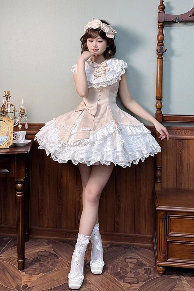 Champagne Asymmetric Lace Bow Sleeveless Multi-Layer Ruffle Sweet Lolita Dress - Miss Tsundere