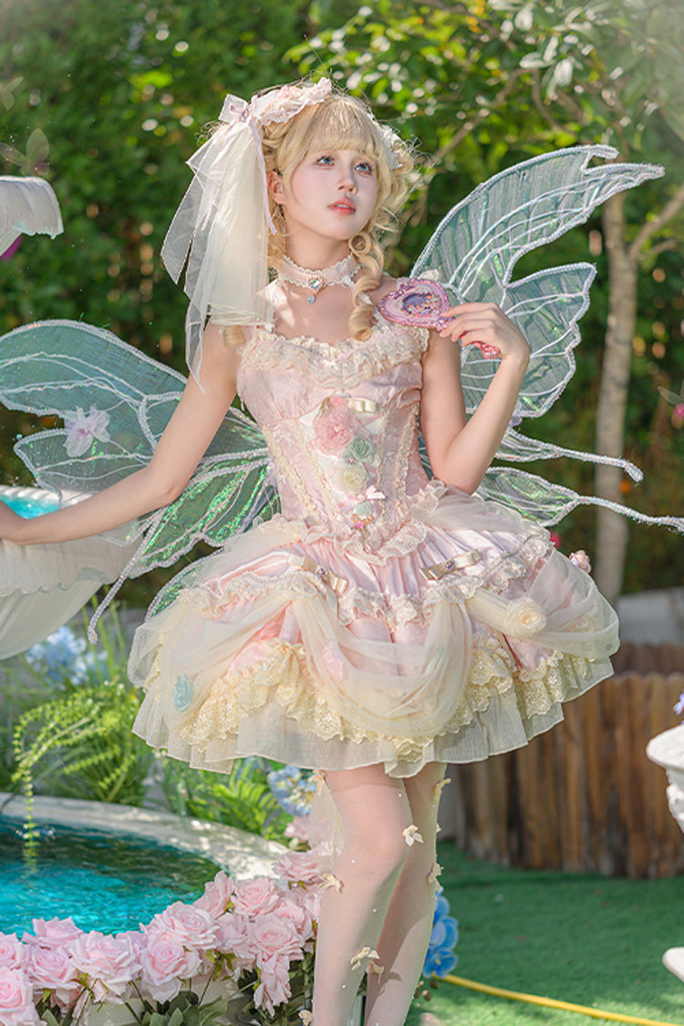 Dream Garden Ruffle Hanayome Embroidery Bow Lace Fishbone Princess Gorgeous JSK Dress in Pink