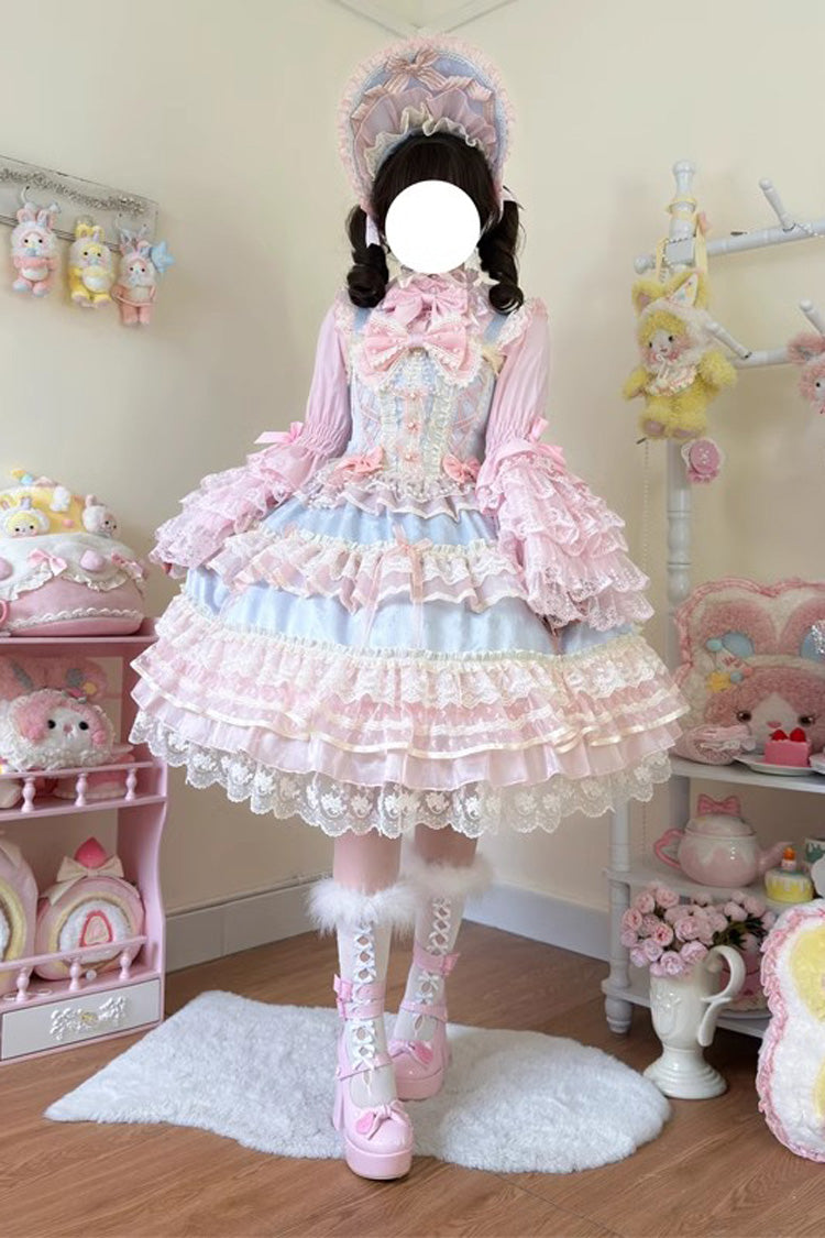 Sweet Lace JSK Dress with Ruffle Bow in Blue