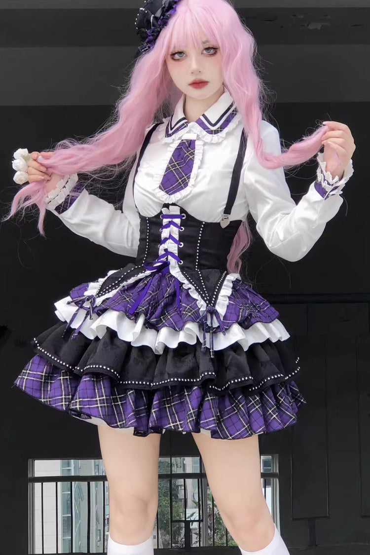 White Black Purple Multi-Layer Print Sweet Princess Lolita Skirt Set