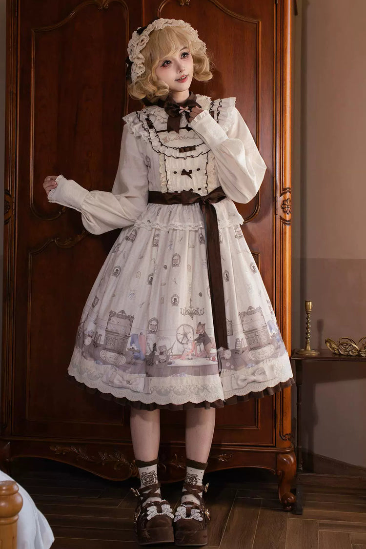 Cream Forest Tailor Shop Square Collar Printed Bow Frilled Sweet Lolita JSK Dress